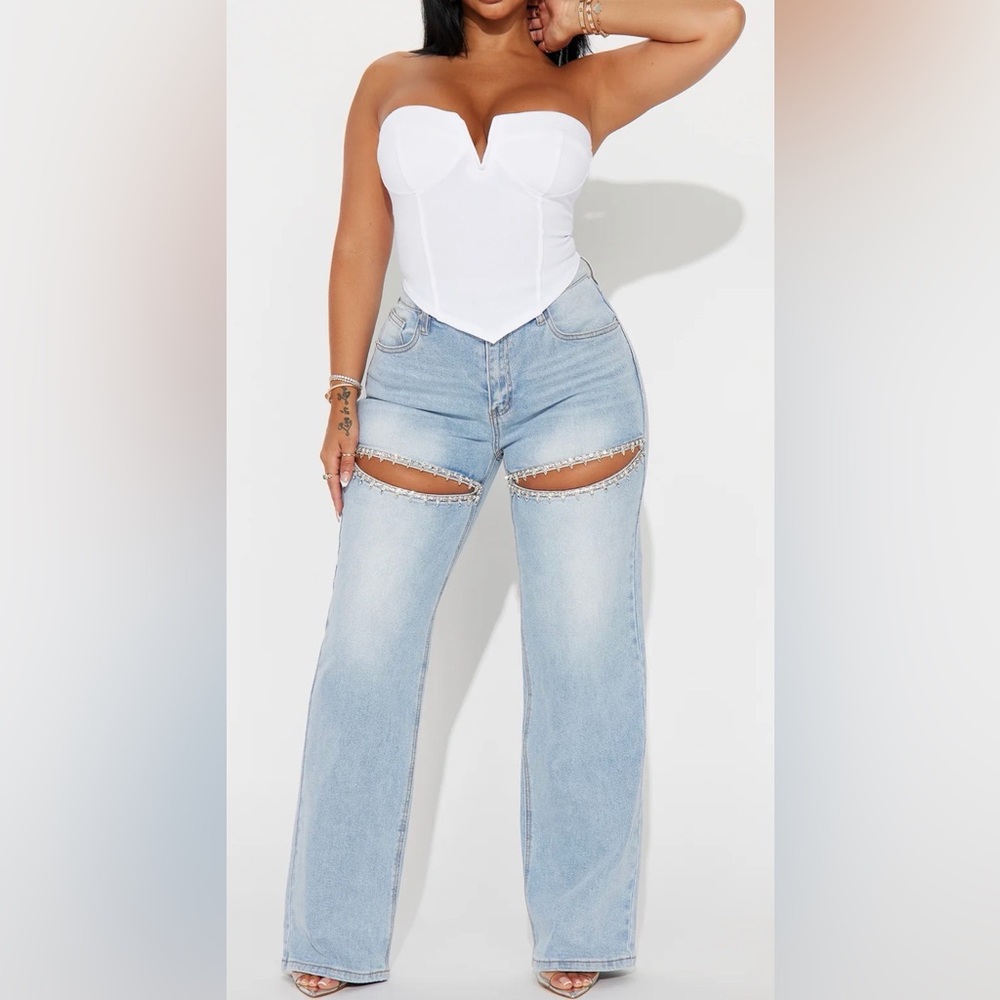 Fashion Nova Light Blue High-Rise Wide Leg Jeans with Thigh Cutouts